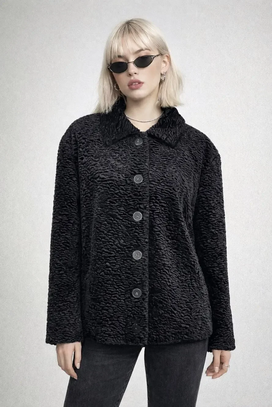 VTG Persian Lamb Faux Fur Jacket Coat Black 20w 1x Rena Rowan Luxe